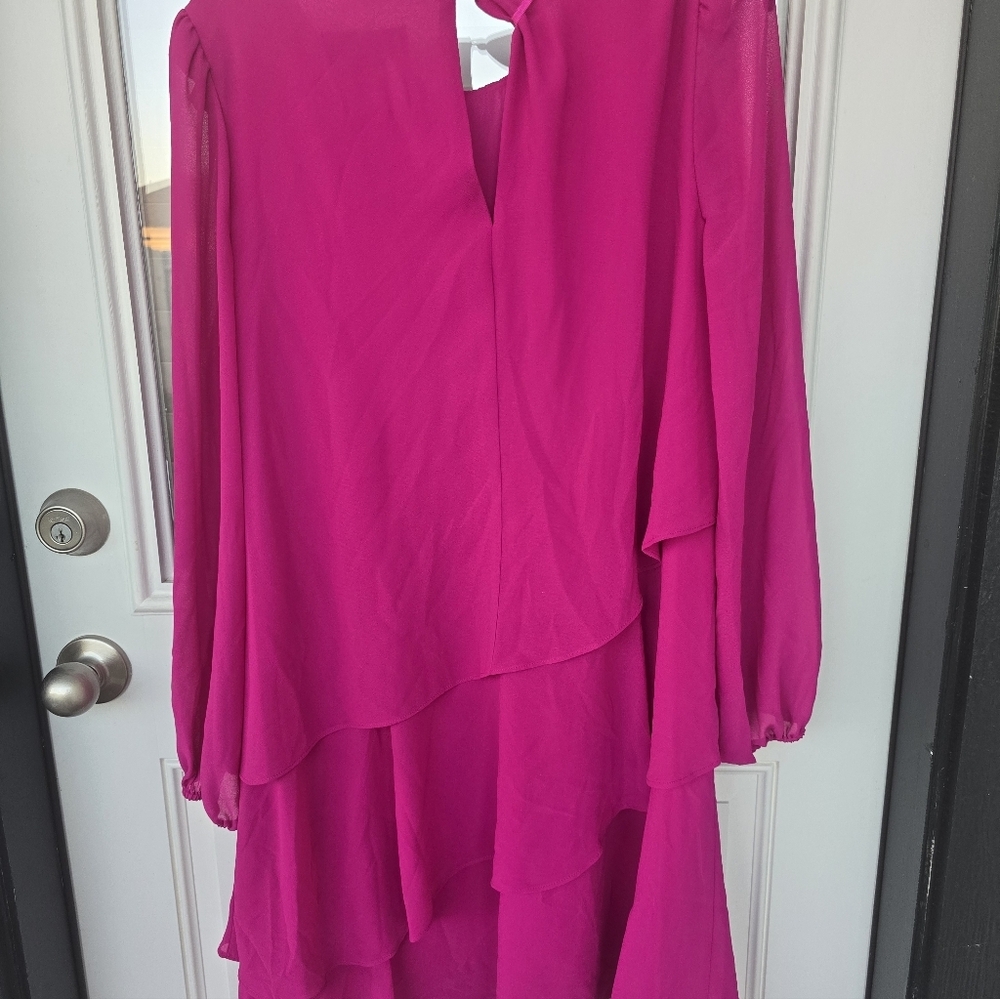 $109 Jessica Howard Shift Dress Sz 16 Plus Tiered Pink Chiffon Long Sleeves Date - Picture 13 of 16
